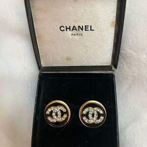 CHANEL Gold and Clear Crystal CC Button Earrings- Vintage